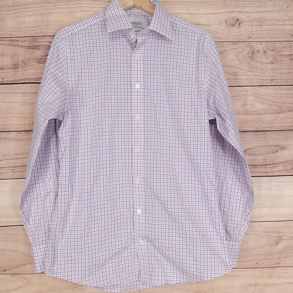 Charles Tyrwhitt Shirt Mens 15.5 34 Blue Red Check Non Iron Slim Fit Long Sleeve - Picture 1 of 8